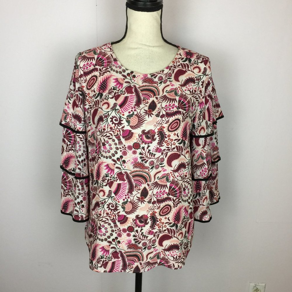 Loft Blouse Top Sz S Womans Pink Red Floral Print 3/4 Flare Layered Sleeve Lined